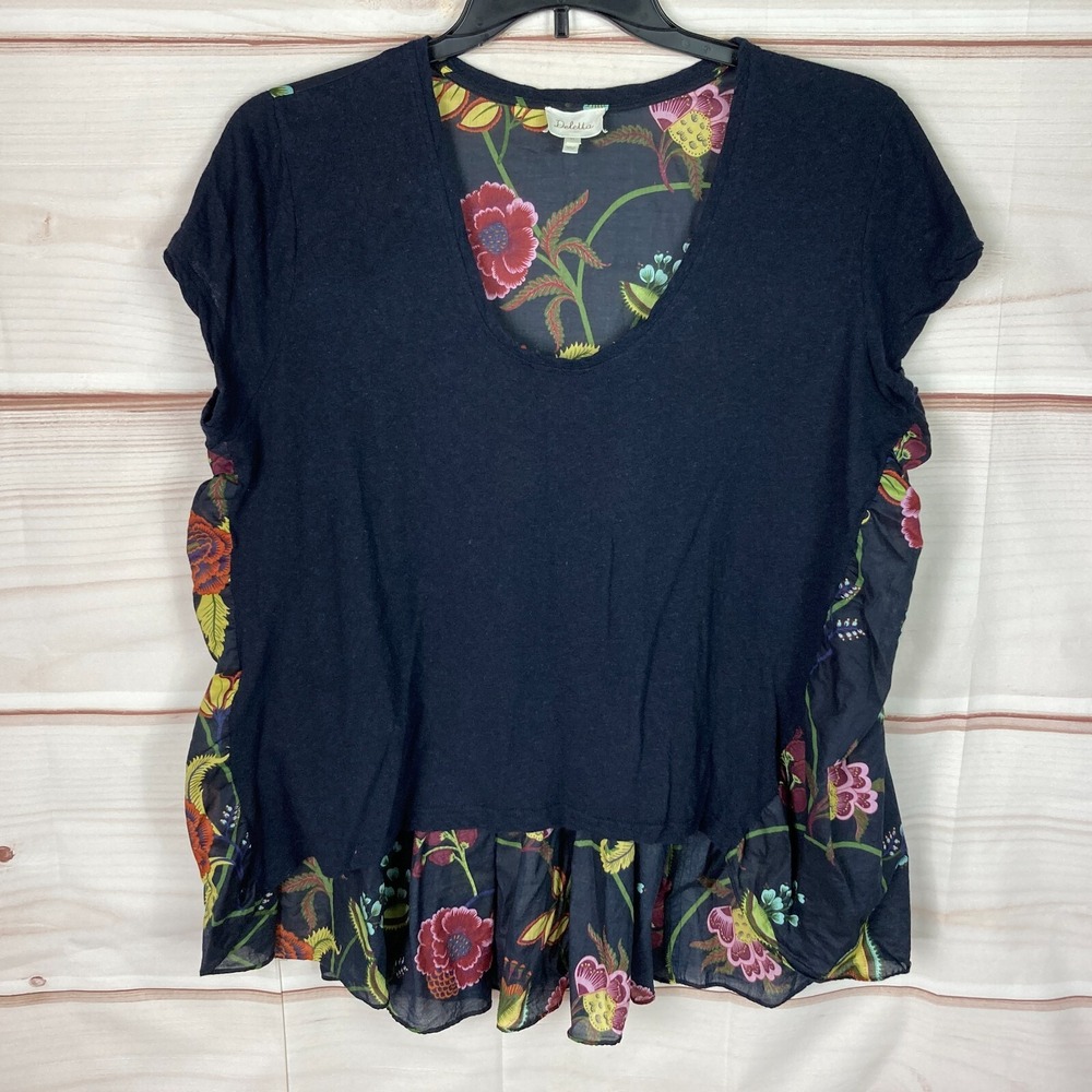 Deletta Top Womens XL Blue Floral Back Blouse Hi Low Hem Peplum Back Swing